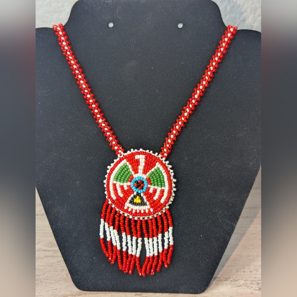 Native American Shield Design Seed Bead Souvenir Necklace